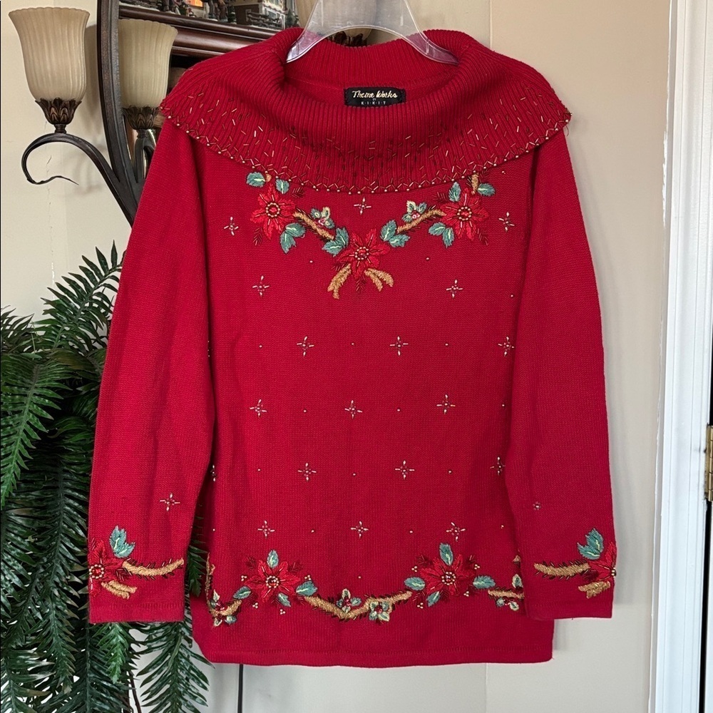 Vintage Red Theme Works by Kikit Christmas Sweater Beaded Embroidery Poinsettias